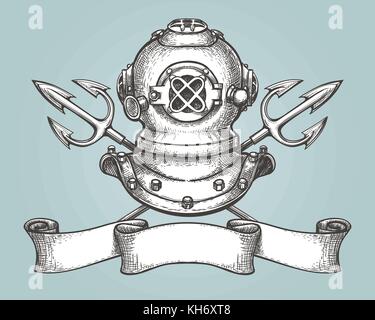 Helmet with tridents and ribbon drawn in vintage style. Diving emblem or label. Vector illustration Stock Vector