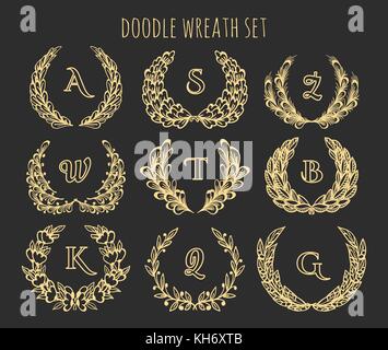 Set of Golden floral wreathes isolated on black. Vector illustration Stock Vector