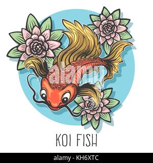 Hand drawn carp fish with lotus flowers drawn in tattoo style isolated on white. Vector illustration. Stock Vector