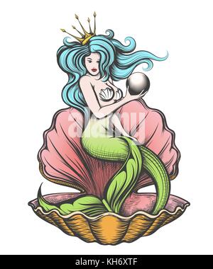Long-haired mermaid in an open pearl shell holds a pearl in her hand. Vector illustration in tattoo style Stock Vector