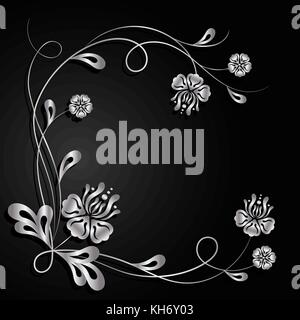 Silver flowers with shadow on dark background. Stock Vector