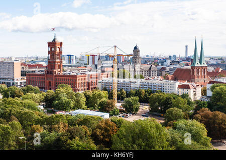 travel to Germany - Berlin city skyline with Nikolaikirche (St Nicholas church), Altes Stadthaus (Old City Hall), Rotes Rathaus (red city hall) from B Stock Photo