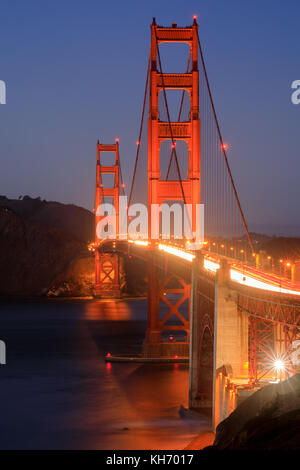 Golden Gate Bridge on a clear evening, as seen from the Presidio. Stock Photo