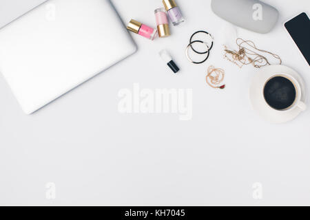 modern girly workplace with laptop Stock Photo
