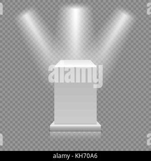 White empty podium isolated on transparent background. Museum pedestal with spotlights. 3d Vector illustration Stock Vector