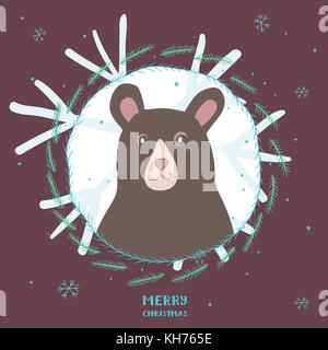 Christmas card with cute bear, round frame of conifer branches and snowflakes Stock Vector