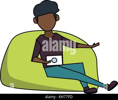 Young man sitting on bean bag Stock Vector