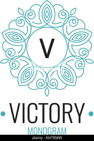 Round green emblem with the letter V on white background.  Stock Vector