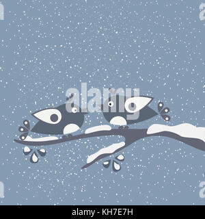 Hello winter card with cartoon birds a on a branch covered with snow. Winter background. Greeting card for winter background. Vector illustration. Stock Photo