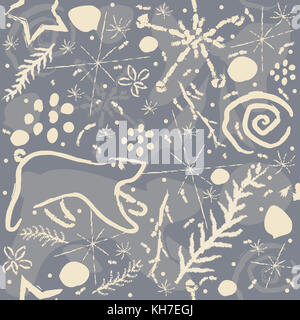 Winter Seamless Pattern with snowflakes and funny doodles. Vector Illustration. Stock Photo
