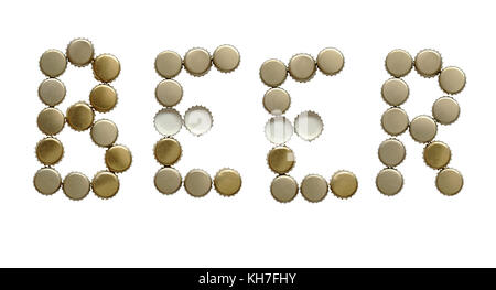 Word Beer made from bottle caps on white background Stock Photo