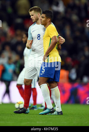 London, UK. 14th November 2017. Eric Dier of England and Casemiro of Brazil at the end of the game ENGLAND V BRAZIL ENGLAND V BRAZIL, INTERNATIONAL FRIENDLY 14 November 2017 GBB5301 INTERNATIONAL FRIENDLY STRICTLY EDITORIAL USE ONLY. If The Player/Players Depicted In This Image Is/Are Playing For An English Club Or The England National Team. Then This Image May Only Be Used For Editorial Purposes. No Commercial Use. Credit: Allstar Picture Library/Alamy Live News Stock Photo