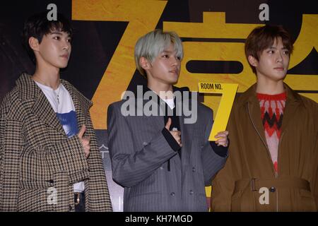 Seoul, Korea. 14th Nov, 2017. Shin Ha-kyun, Do Kyung-soo and Kim Dong-young attend the VIP premiere of 'Room 7' in Seoul, Korea on 14th November, 2017.(China and Korea Rights Out) Credit: TopPhoto/Alamy Live News Stock Photo