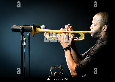 London, England. 13th November 2017.  An dynamic and energetic performance by Trombone Shorty live at Shepherds Bush Empire. Stock Photo