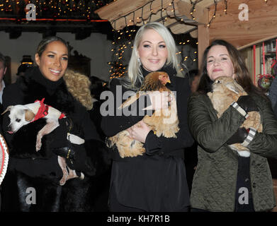 Salzburg, Austria. 14th Nov, 2017. The British singer and songwriter Leona Lewis (L-R), Kathrin Glock, wife of waffle producer Glock, and the US-American actress Kristin Davis hold animals on their arm at the traditional pre-opening of the Christmas market at the Aiderbichl Manor in Henndorf near Salzburg, Austria, 14 November 2017. Credit: Ursula Düren/dpa/Alamy Live News Stock Photo