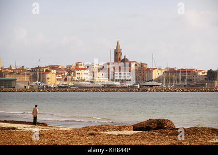 Alghero old town and Mediterranean sea, Sardinia, Italy Stock Photo