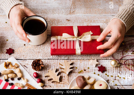 Christmas composition on a wooden background. Stock Photo