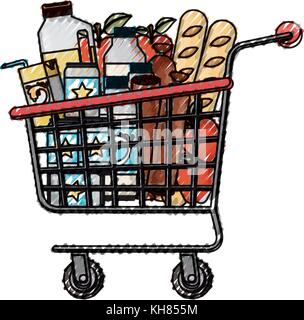 supermarket shopping cart with foods sausage and bread apples and drinks orange juice and water bottle and lacteal in colored crayon silhouette Stock Vector
