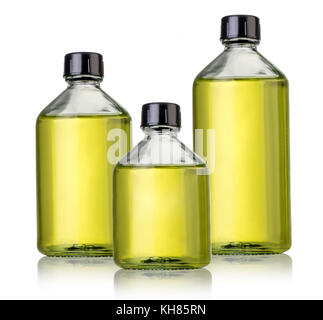 Three glass bottles of medicines on white background Stock Photo