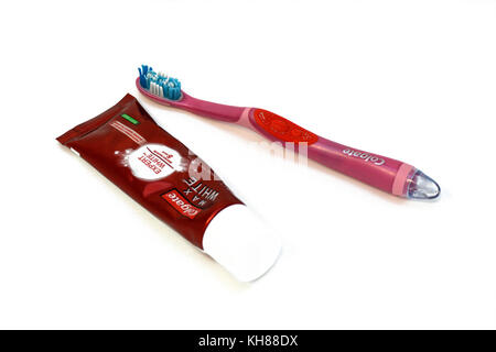 09 November 2017-Bucharest, Romania. Product shot of the whitening toothpaste Colgate along with their brush on batteries Stock Photo
