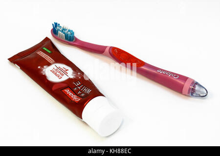 09 November 2017-Bucharest, Romania. Product shot of the whitening toothpaste Colgate along with their brush on batteries Stock Photo