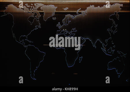 World map, highlighted shapes with light, decoration of a wall. Stock Photo