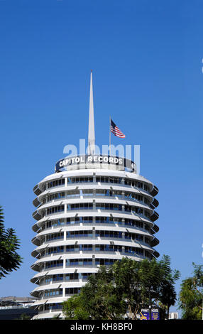 Vertical view of Capitol Records Building and sign against a blue sky on Vine Street in Hollywood Los Angeles, California   KATHY DEWITT Stock Photo