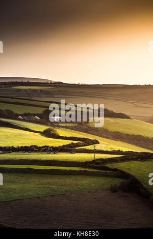 Early morning sunlight over fields in Newquay Cornwall UK. Stock Photo