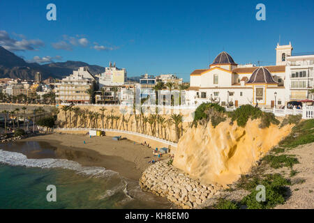 Old Town beach and Church of San Jaime and Santa Ana, Benidorm, Alicante, Spain Stock Photo
