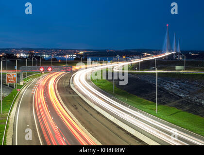 Night view of traffic on approach roads to new Queensferry Crossing Bridge in West Lothian , Scotland, united Kingdom Stock Photo