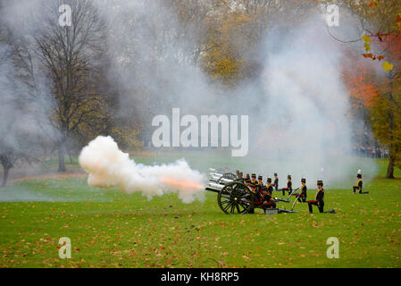 King's Troop Royal Horse Artillery firing a 41 gun salute for Prince of Wales 69th birthday in Green Park, London. Autumn colours Stock Photo