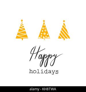 Christmas Greeting Card Yellow Golden Triangle Graphic Abstract Fir Trees Star baubles Snow Flakes Hand Lettering Happy Holidays White Background Stock Vector