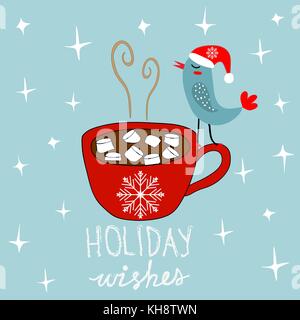 Hand Drawn Doodle Merry Christmas Card. Red Mug with Hot Chocolate Cocoa Marshmallows Kawaii Bird in Santa Claus Hat. White Stars Snow Flakes Stock Vector