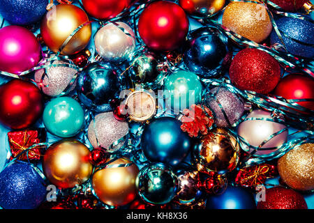 Festive background of multi-colored Christmas balls. Copy space. Stock Photo