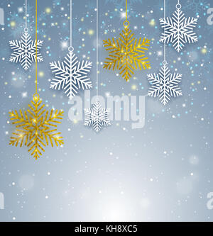 Decorative Christmas background with white and golden glittering snowflakes. New year greeting card. Stock Photo