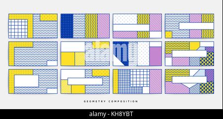 Colorful Pop art geometric pattern with bright bold blocks squiggles. Colorful Material Design Background in Pink Yellow Blue Black and White. Prospec Stock Vector
