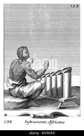 Instrumento Africano - Xylophone styled African instrument. Illustration from Filippo Bonanni's  'Gabinetto Armonico'  published in 1723, Illustration 120. Stock Photo