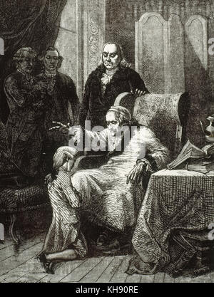 Voltaire (François-Marie Arouet) (1694-1778). French writer of The Enlightenment. Voltaire blesses Franklin's grandson. Engraving. Stock Photo
