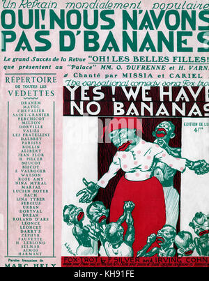 'Yes! We have no bananas'  ('Oui! Nous n'avons pas d'bananes') - song by Frank Silver and Irving Cohn. French lyrics by Marc Hely. 1923.  Score cover. Editions Francis Salabert, Paris, France. Stock Photo