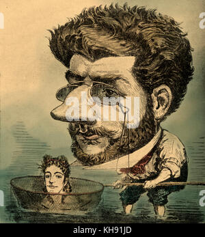 Georges Bizet - caricature  by H Meyer on cover of 28 September 1867  'Diogène' .    Woman's head caught in a fishing net (Pearl fishers?)  .  French composer, 25 October 1838 -3 June 1875 Stock Photo