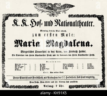 Maria Magdalena - play by Friedrich Hebbel. Playbill for premiere at Burgtheater, Vienna, Austria, 8 May 1848 (original premiere in Königsberg, 1846). (Nationalsbibliotek Austria, Theatre Department). Theatre also known as K.K Hof und Nationaltheater. CFH: German poet and dramatist, 18 March 1813 –  13 December  1863. Stock Photo