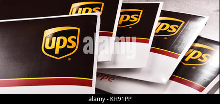 POZNAN, POL - OCT 4, 2017: Envelopes of United Parcel Service or UPS, the world's largest package delivery company, shipping over 15 million packages  Stock Photo