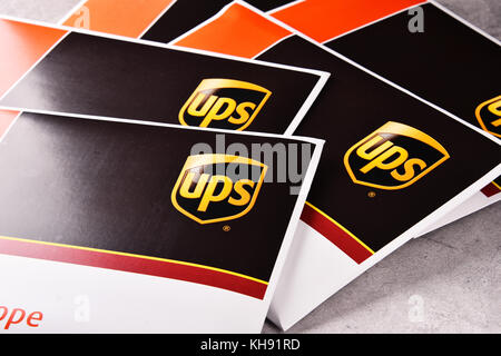 POZNAN, POL - OCT 4, 2017: Envelopes of United Parcel Service or UPS, the world's largest package delivery company, shipping over 15 million packages  Stock Photo