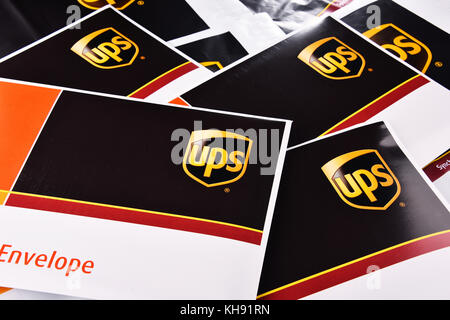 POZNAN, POL - OCT 4, 2017: Envelopes of United Parcel Service or UPS, the world's largest package delivery company, shipping over 15 million packages  Stock Photo