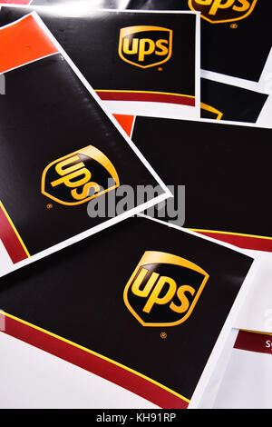 POZNAN, POL - OCT 4, 2017: Envelopes of United Parcel Service or UPS, the world's largest package delivery company, shipping over 15 million packages  Stock Photo