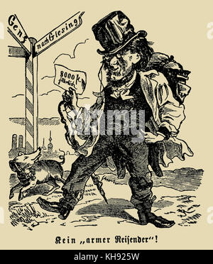 Richard Wagner: 'No poor traveller!' ('kein 'armer Reisender!'. Caricature published in Munich 'Punsch', 1860s.  Piece of paper in Wagner's hand reads: '8000 k jährlich' ('8000 K a year'). Sign reads: 'Nach Giesing' ('To Giesing'). Stock Photo