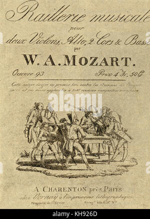 A Musical Joke by Wolfgang Armadeus Mozart: title page. German: Ein musikalischer Spaß. French version. Published at Charenton. Divertimento for two horns and string quartet.  K. 522. WAM: Austrian composer, 27 January 1756 - 5 December 1791. Stock Photo