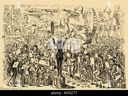 Richard Wagner: Music of the Future.  Swiss caricature on Wagner's essay of 1860s.  Suggesting that Wagner's music is before its time. Published in 'Fliegendes Flatt', 1869. RW: Stock Photo