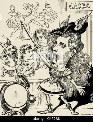 Cosima Wagner - caricature published in 'Der Floh', Vienna, 26 July 1891. 'Das Weihe - Bühnenfestspiel in Bayreuth'/ 'The Ordination - Stage Festival in Bayreuth'. Caption: 'Just come in, honorable public, artistic spectacle as you have never before seen. Come in, come in! Children under ten years old and soldiers beneath sergeant major pay half the price'. Spectacle refers to ballets which charged high prices in 1891.