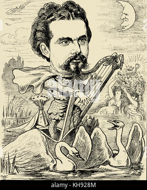 Ludwig II of Bavaria: 'Lohengrin King' - caricature published in 'Der Floh', 30 August 1885.  Known as the Swan King. 25 August 1845  – 13 June 1886. Wagner connection.